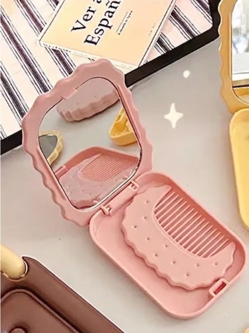 Compact Pink Scalloped cookie shape Mirror Case with comb
